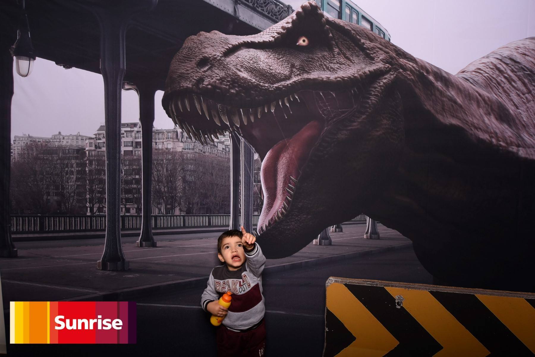 a child in front of a photo wall showing a dinosaur